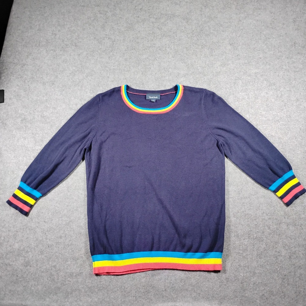 ModCloth Women's Navy Blue Rainbow Striped Trim Pullover Knit Sweater Size L